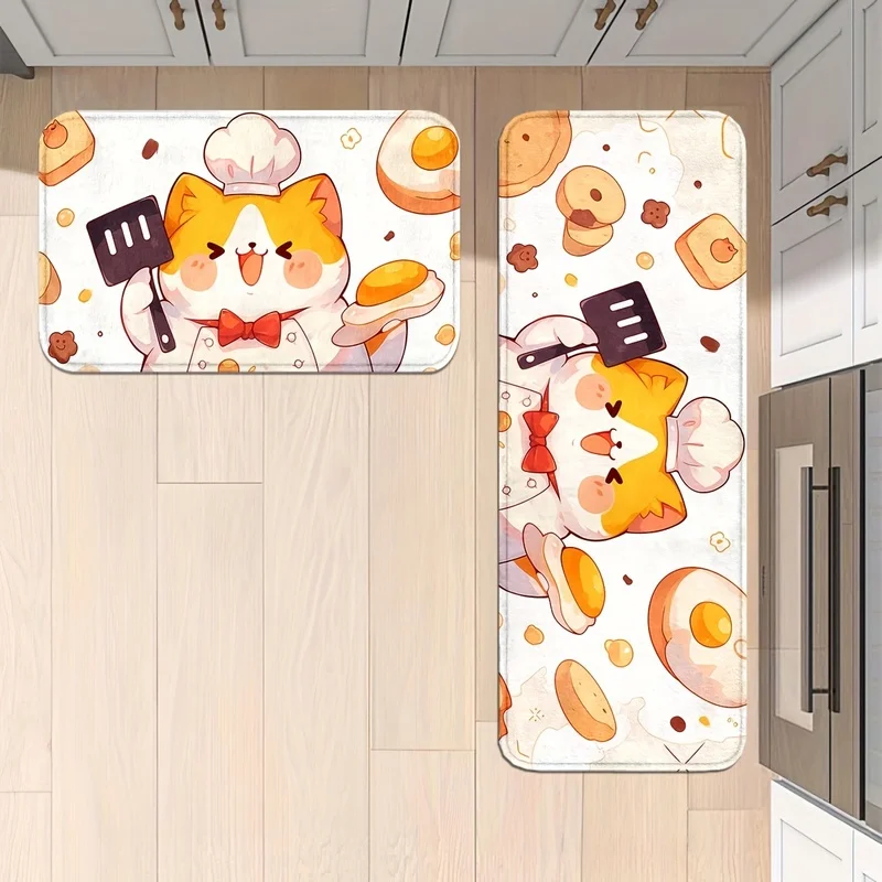 VIKAMA Cartoon Cat Non-Slip Kitchen Mat, Soft Anti-Fatigue Floor Rug, Washable Egg-Shaped Mat for Home Office Decor