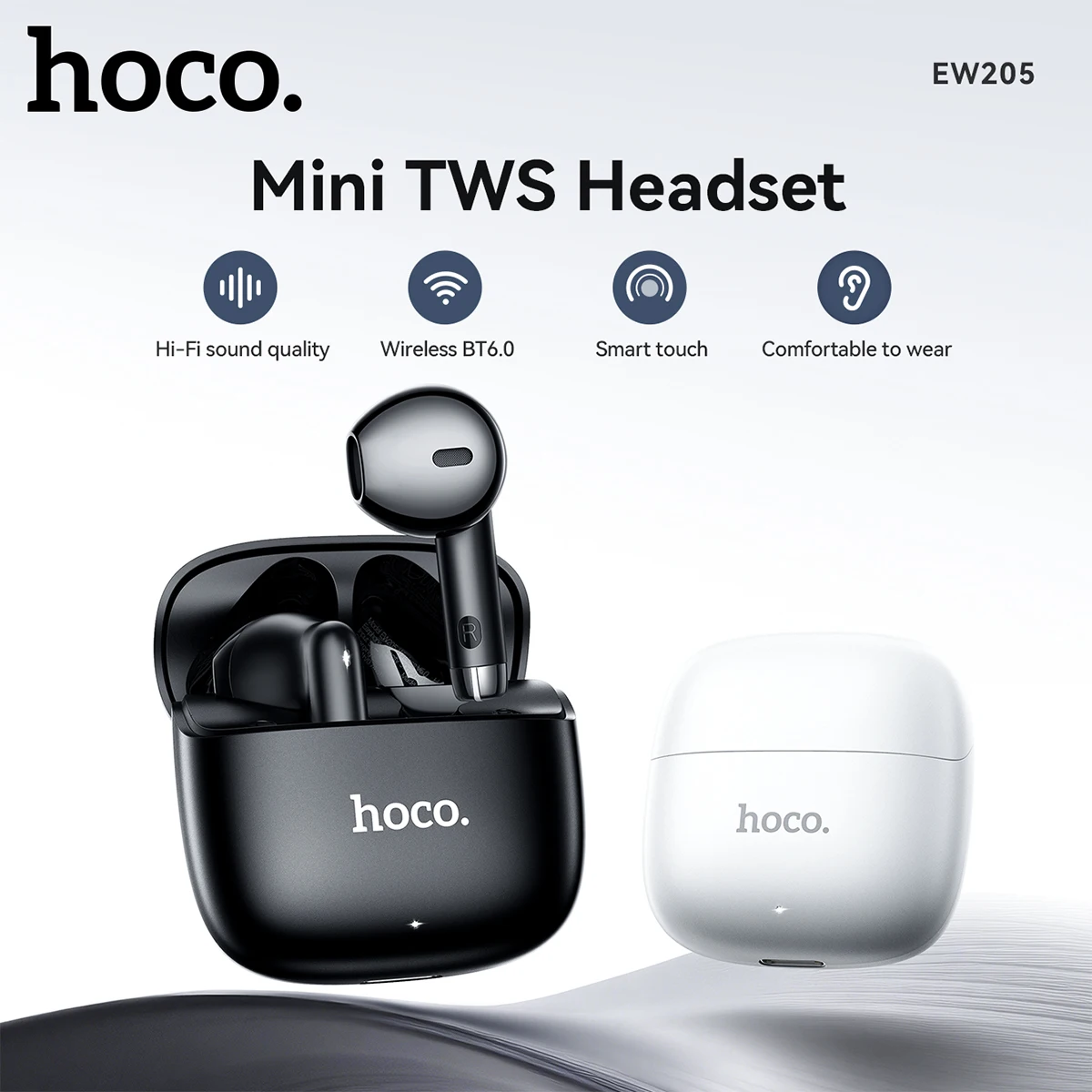 EW205 TWS Bluetooth Earbuds Wireless Headphones Stereo Sound Noise Isolating Earphones with Mic for Smartphones