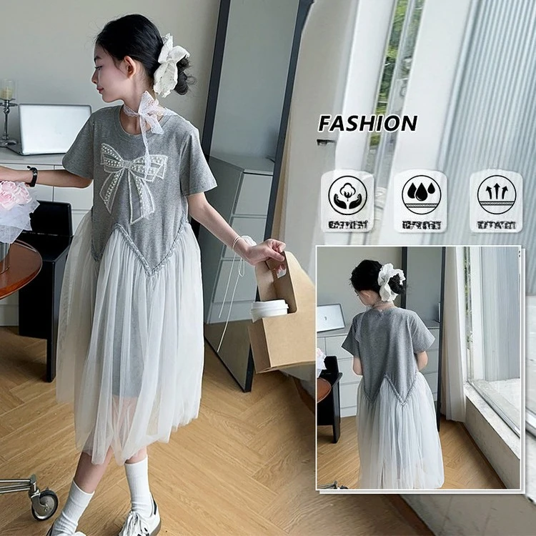 

2025 teen girls summer dress mesh short sleeved beach dresses junior kid cotton Grey patchwork mesh princess dress child clothes