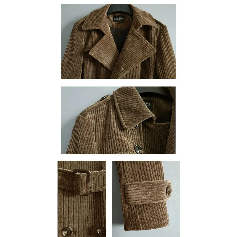 Un trench retrò in velluto a coste da uomo di media lunghezza primavera autunno nuova giacca doppiopetto trendy e confortevole bestseller per uomo
