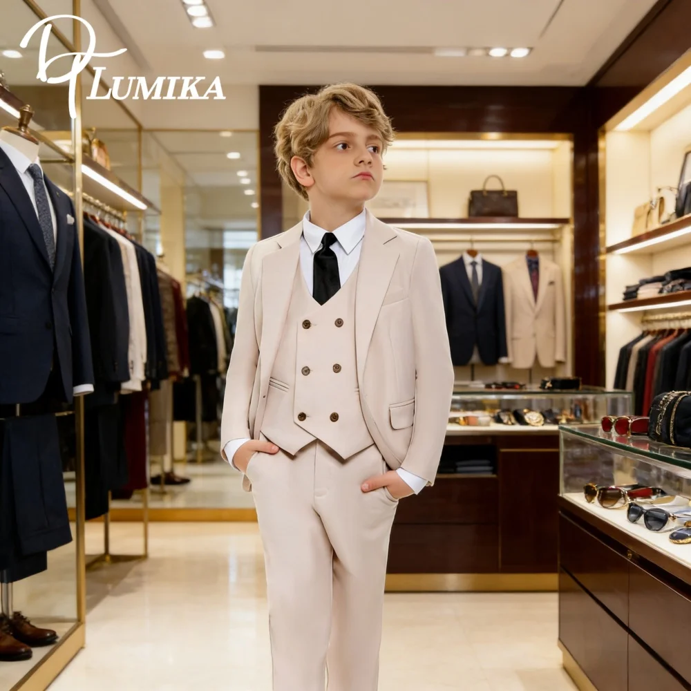 Fast Ship New Year Celebration Beige Tone Boys Suit Set Including Blazer Pants 4PCS Kids Tuxedo Set From 3 to 14 Years Outfit