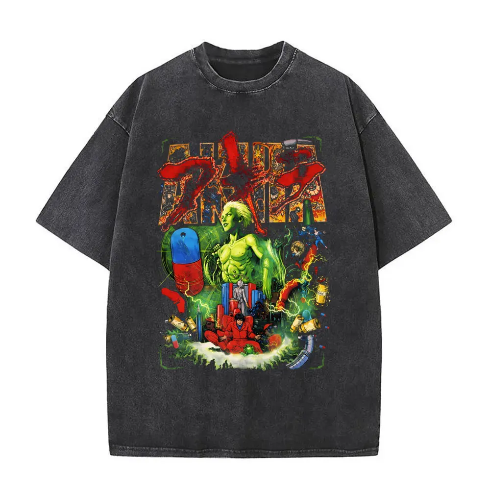 

Washed Vintage Anime Akira T Shirt Japanese Science Fiction Cartoon Movie Shotaro Kaneda T-shirt Men's Manga Retro O-collar Tees