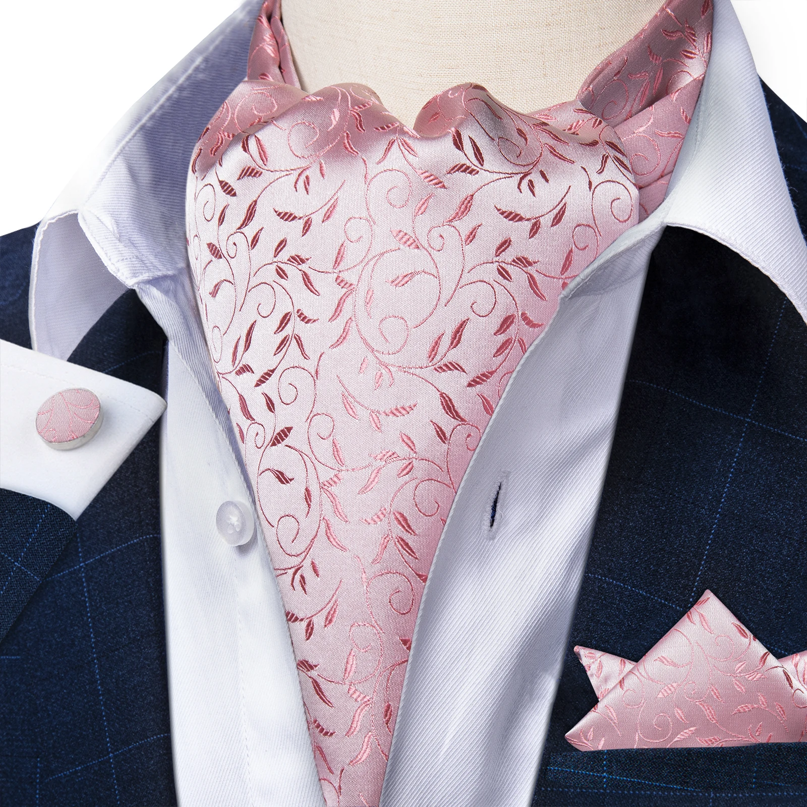 Fashion Pink Jacquard Ascot for Man Wedding Party Luxury Silk Handkerchief Cufflinks Men's British Cravat Gentleman Business Tie