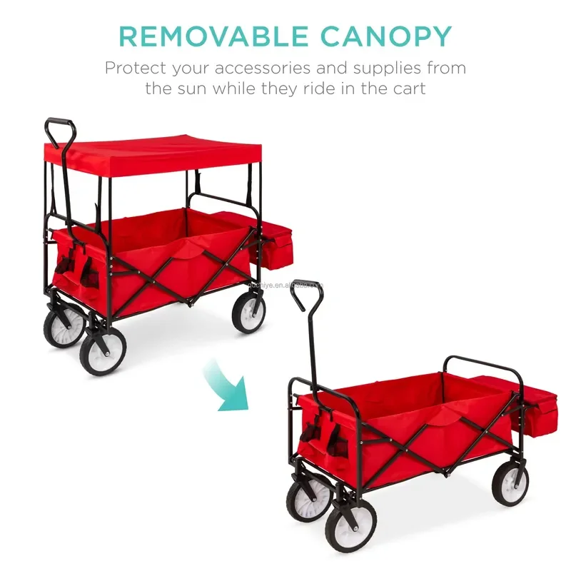 for Collapsible Folding Alloy Steel Wagon with Removable Canopy and Detachable Pockets Garden Cart for Beach Picnic