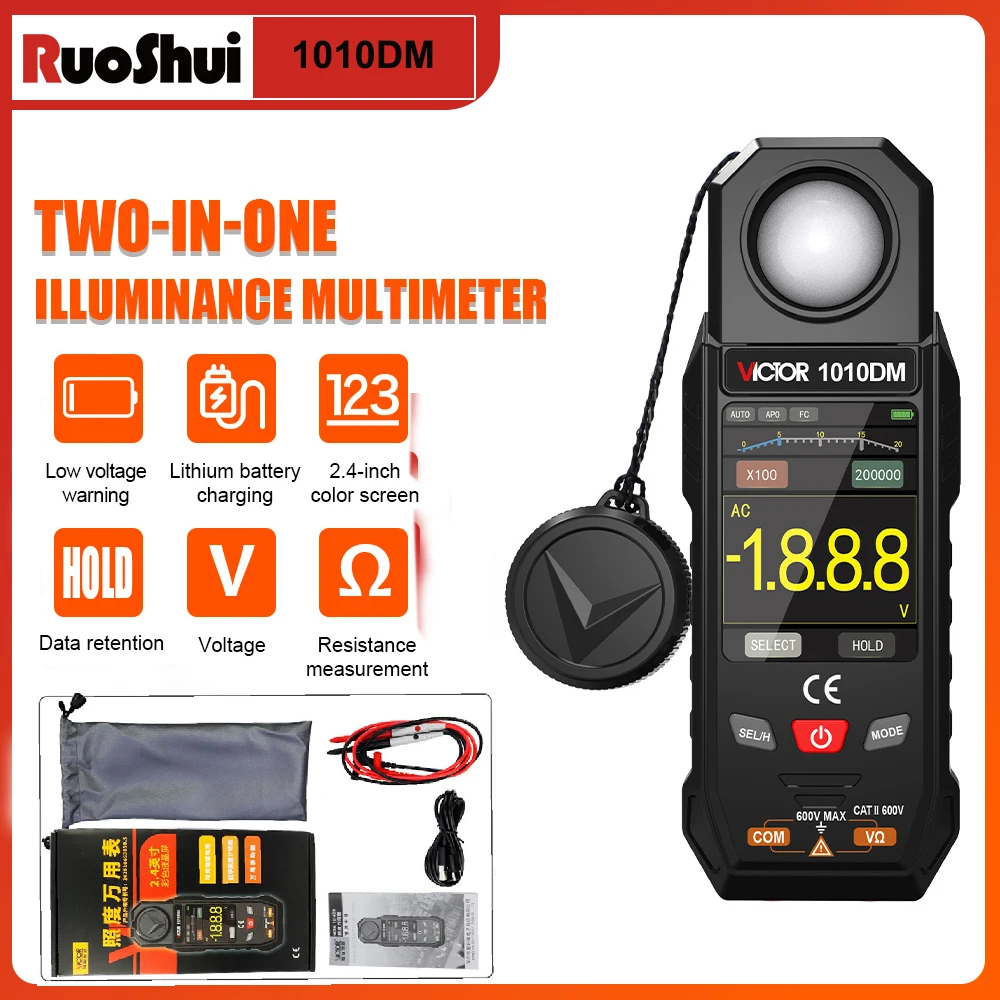 VICT Professional household 2in1 Multi-Parameter illuminance meter Multimeter,0~199999 brightness meter,high-precision illuminan