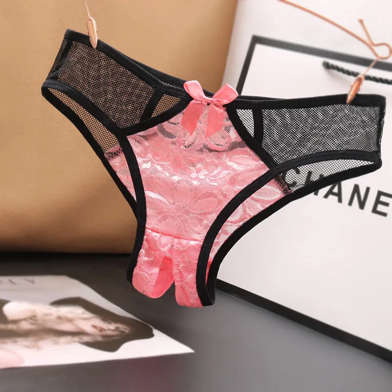 New Sexy Lace Open  Triangular Pants with Japanese Style Charm Crotch Thong, Transparent Color Blocked Mesh Panties Women Thongs