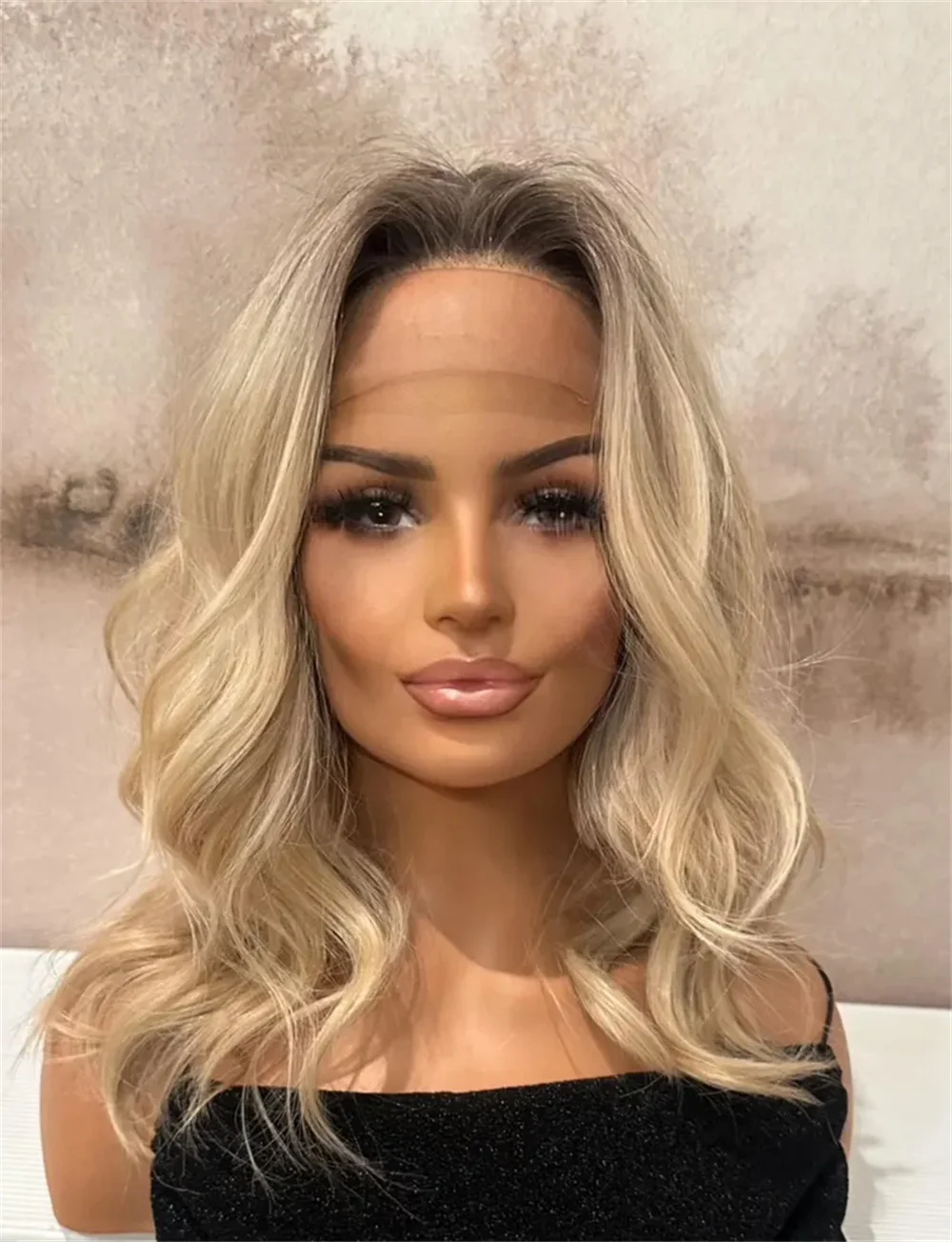 

20" Warm Blonde Loose Wave Lace Front Wig Heat Resistant Synthetic Hair Dark Roots Glueless Wig for Women Daily Easy Wear