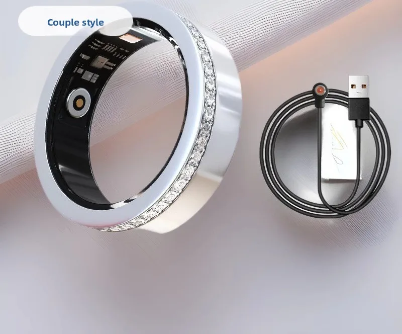 Stainless‑Steel Rhinestone‑Inlaid Couple Pair Smart Rings, Wedding‑Style Wearable Tracker for Heart Rate and Sleep Records Tool
