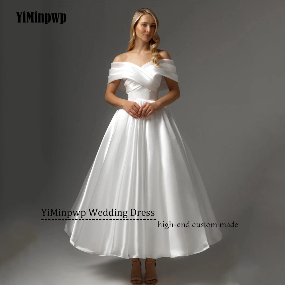 فستان زفاف ميدي مكشوف الكتفين من الساتان على شكل حرف a طول الكاحل عاجي رداء حفلات العروس مخصص مشد بسيط فيستدوس دي نوفيا #5