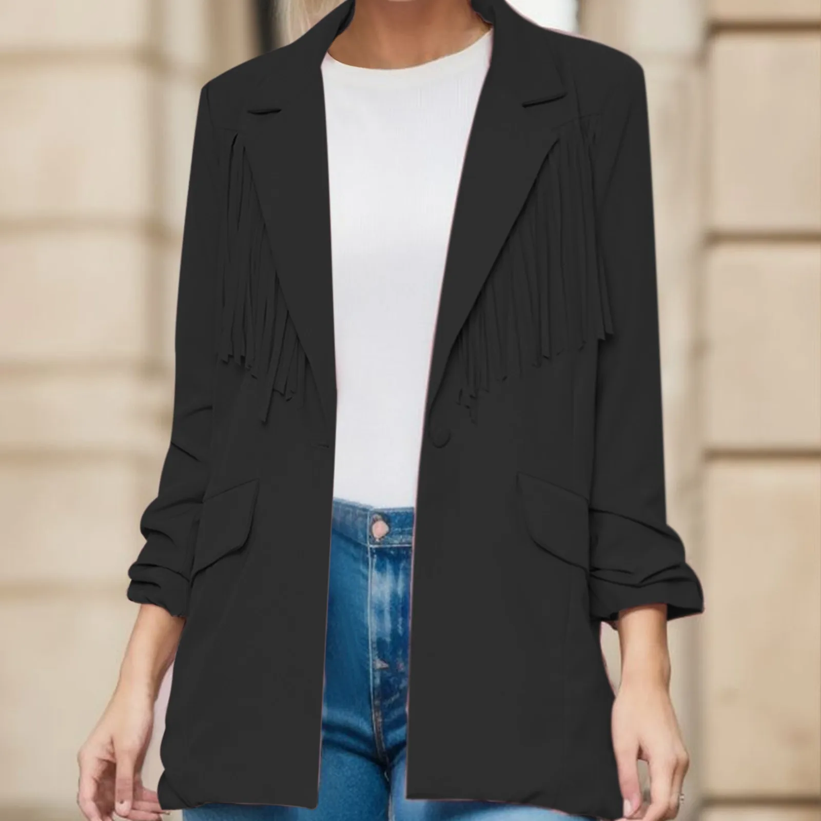 Elegant And Versatile Women's Fringed Loose Fit Suit Jacket Long Sleeve Casual Slim Blazers Jackets Black Blazers For Women