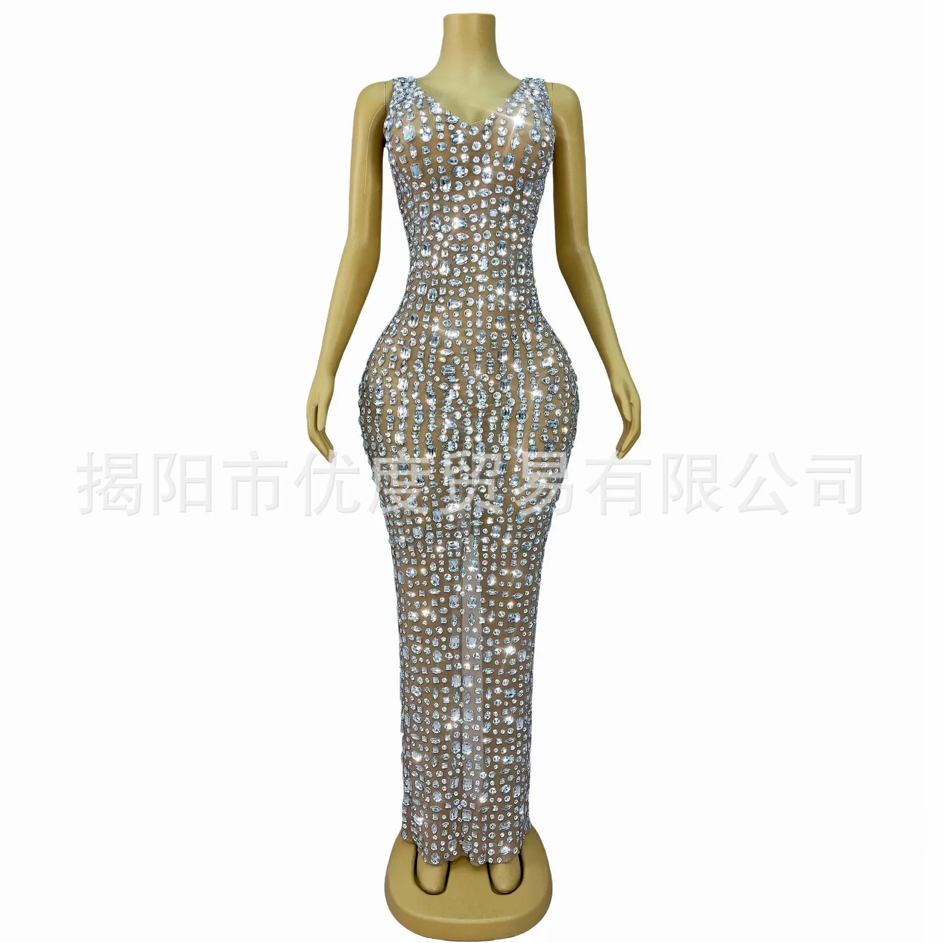 Niche Luxury Rhinestone Mesh Perspective Elegant Cocktail Dress Performance V-neck Vest Long Dress White Beans Vestidos A Medida