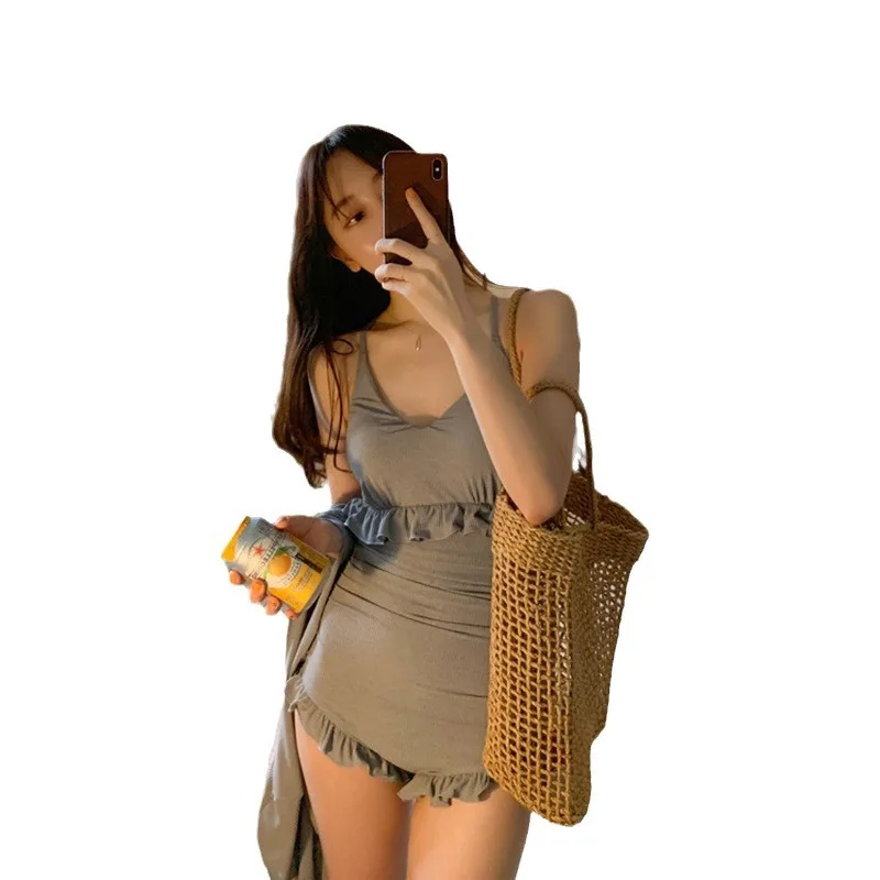 Minsu Internet celebridad estilo INS pequeña fragancia gris Sexy de una sola pieza Control de barriga adelgazamiento conservador vacaciones de primavera caliente S