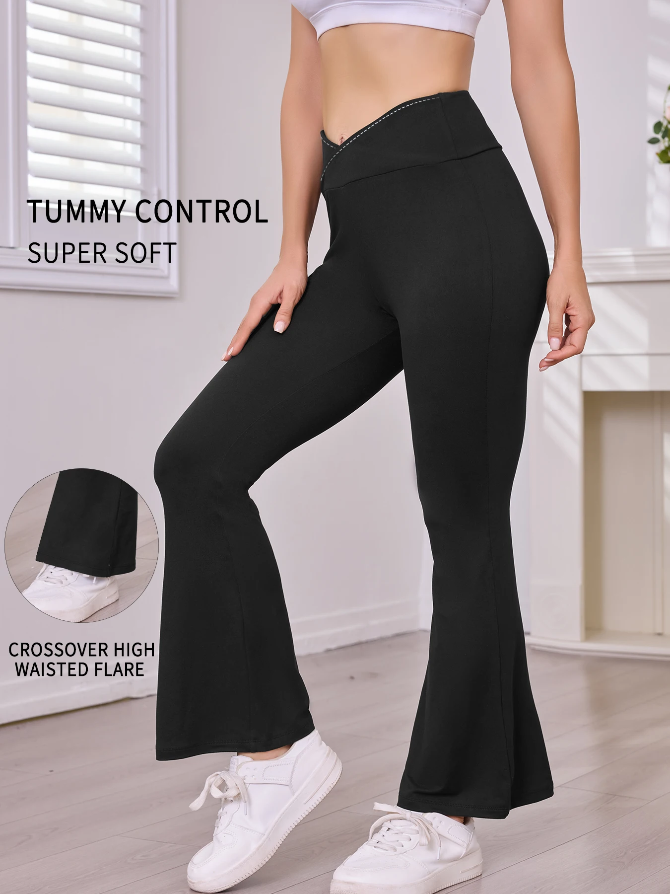 Women's Super Soft Crossover High Waisted Flare Leggings. Tummy Control Yoga Bootleg Bell Bottoms