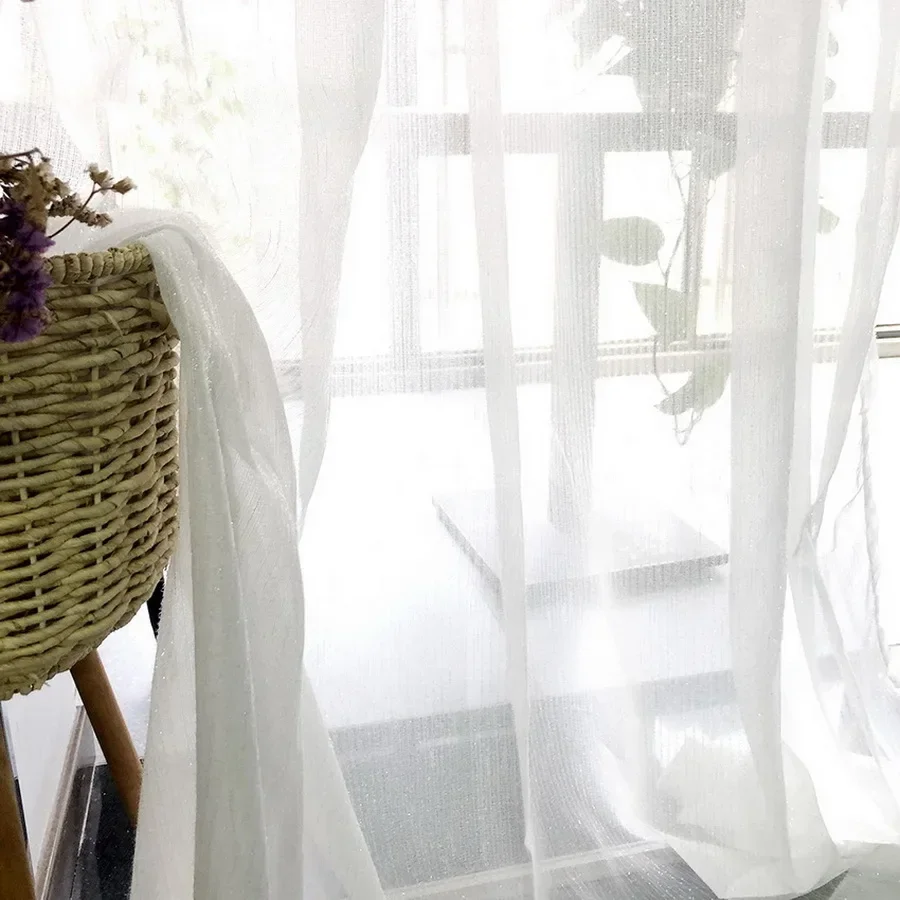 Cortina transparente blanca y plateada brillante para sala de estar, dormitorio, tiras simples modernas, gasa para ventana, cortinas de cocina