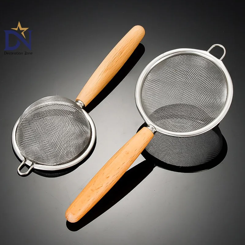 Wooden Handle Stainless Steel Small Colander Fine Mesh Oil Strainer Multi-function Filter Mesh Flour Sifter Kitchen Baking Tools images - 6