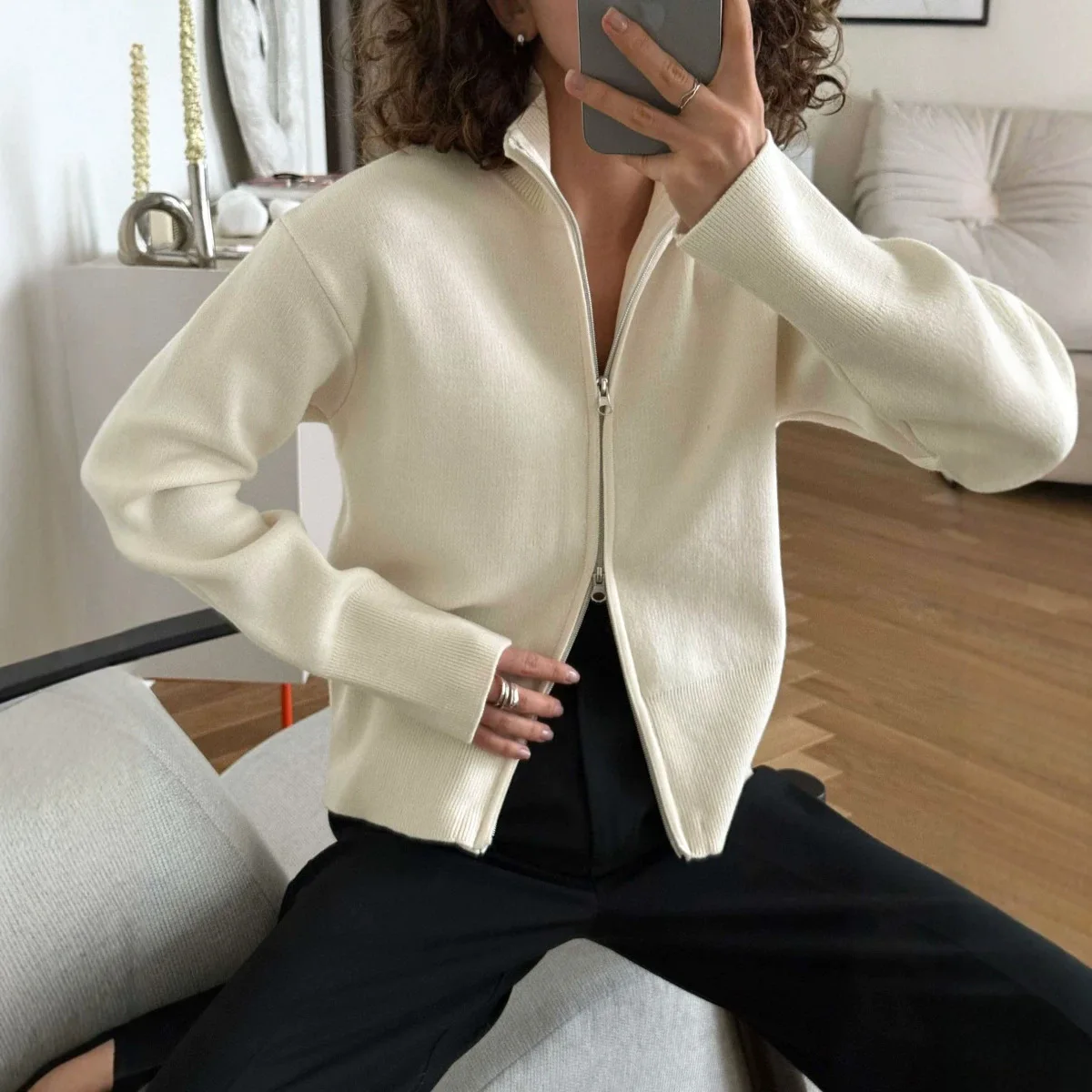 Women Stand Collar Knitted Sweater Coat Zip Design High Quality Real Photo Warm Cardigans Tops For Women Winter Sweater