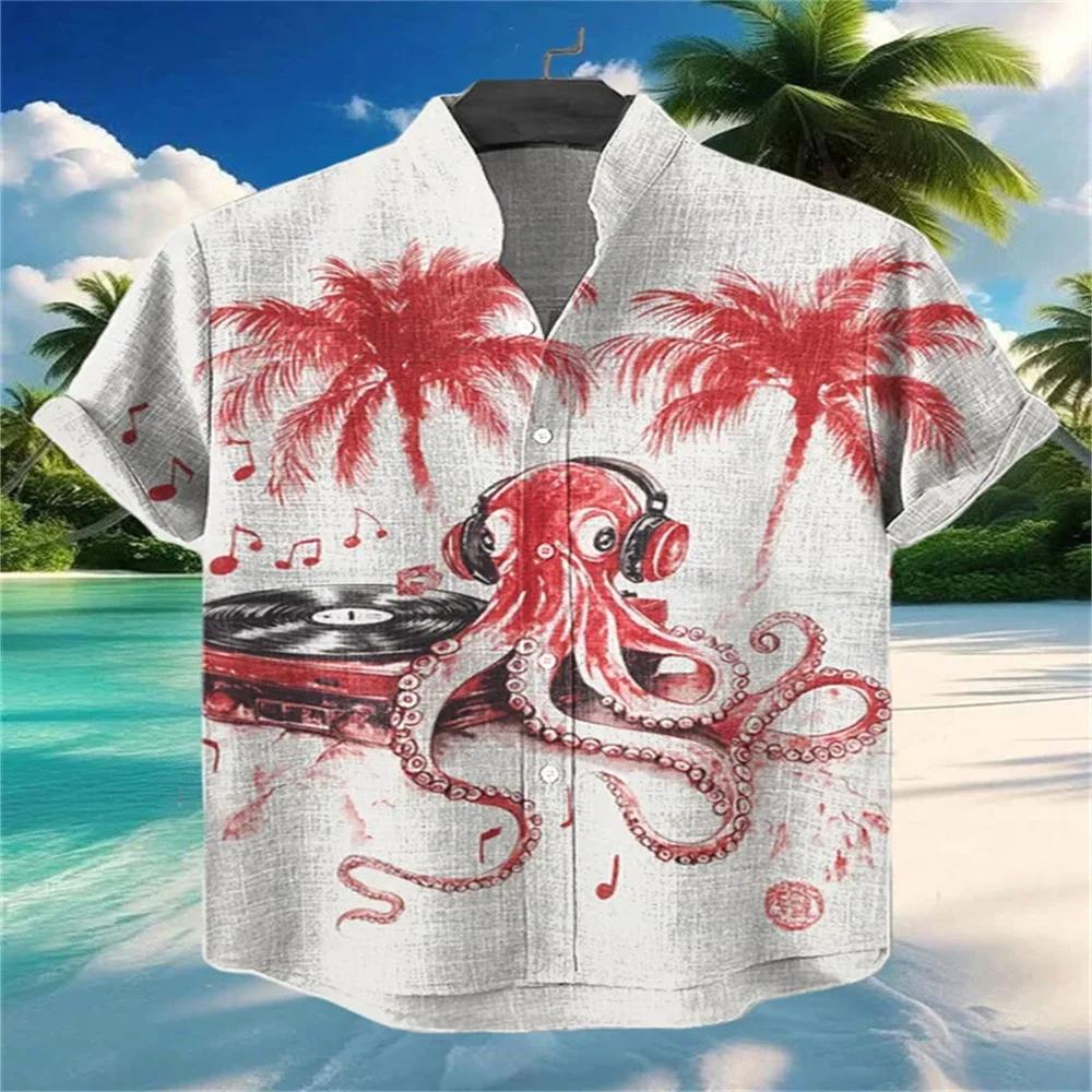 Camisa de Manga Corta con Cuello Mao para Hombre, Estampado Japonés Ukiyo-e de Gato Negro y Medusas, Camisas con Botones, Estilo Vintage Harajuku Streetwear
