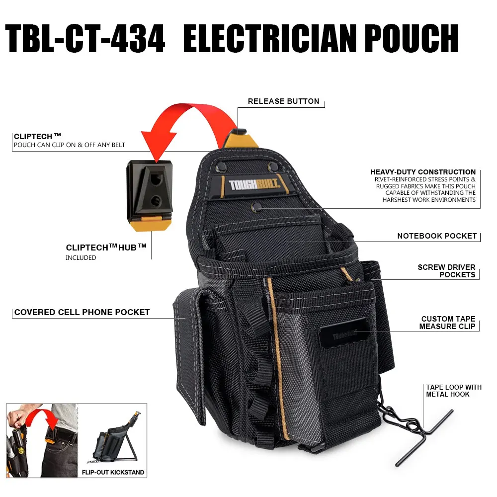 1pc TOUGHBUILT ClipTech Polyester Electrician Tool Pouch tool storage 1680D Heavy-Duty Construction tool organizer