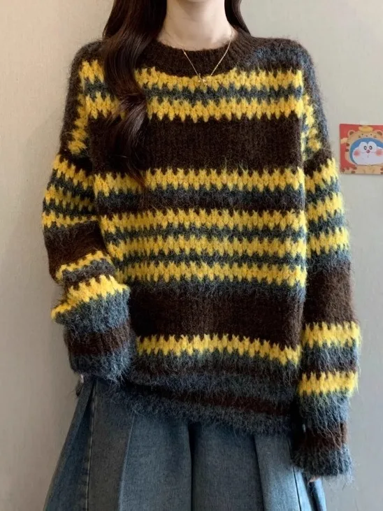

Yellow Striped Soft Long Sve Sweater Women's Autumn Winter plus Size Lazy Sle Camere Top Comfortable Loose Fit round Ne