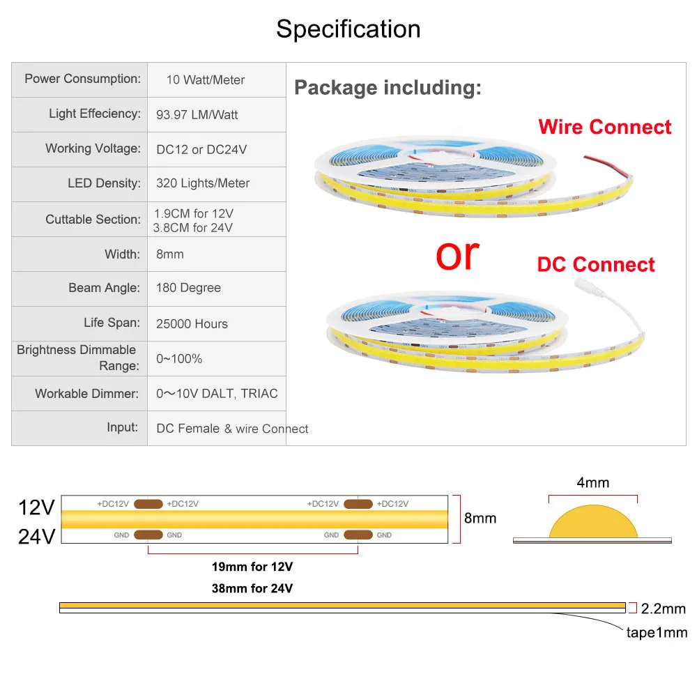 10m COB LED Strip Dimmable Light 8mm 312 leds/m High Density DC 12V 24V Flexible Tape Strip Warm Nature Cool White for Home Desc