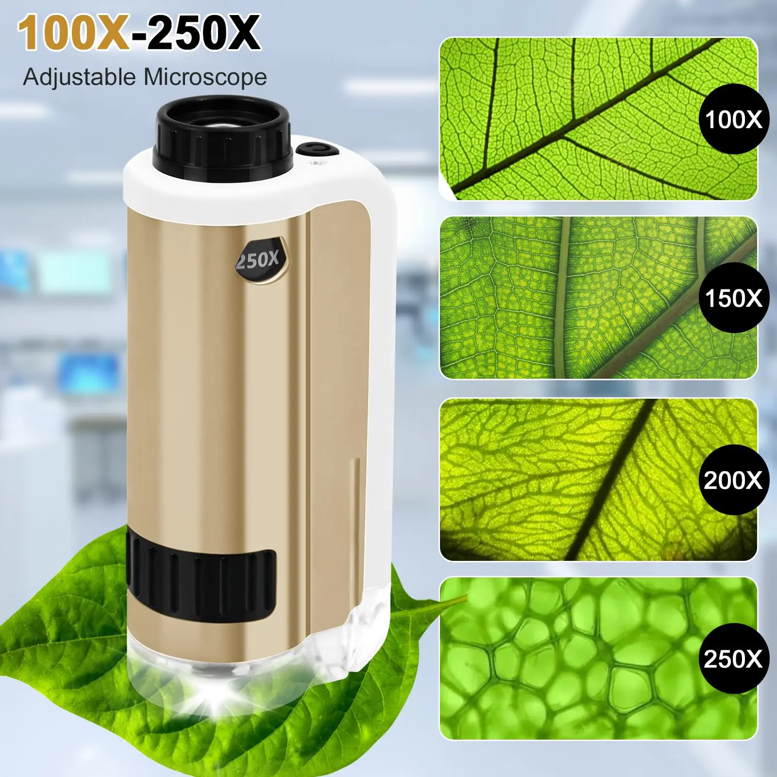 SCIENCE HORSE 250x Handheld Portable Pocket Microscope Alloy Edition, Metal Shockproof Foldable Stand, Science Educational Toy