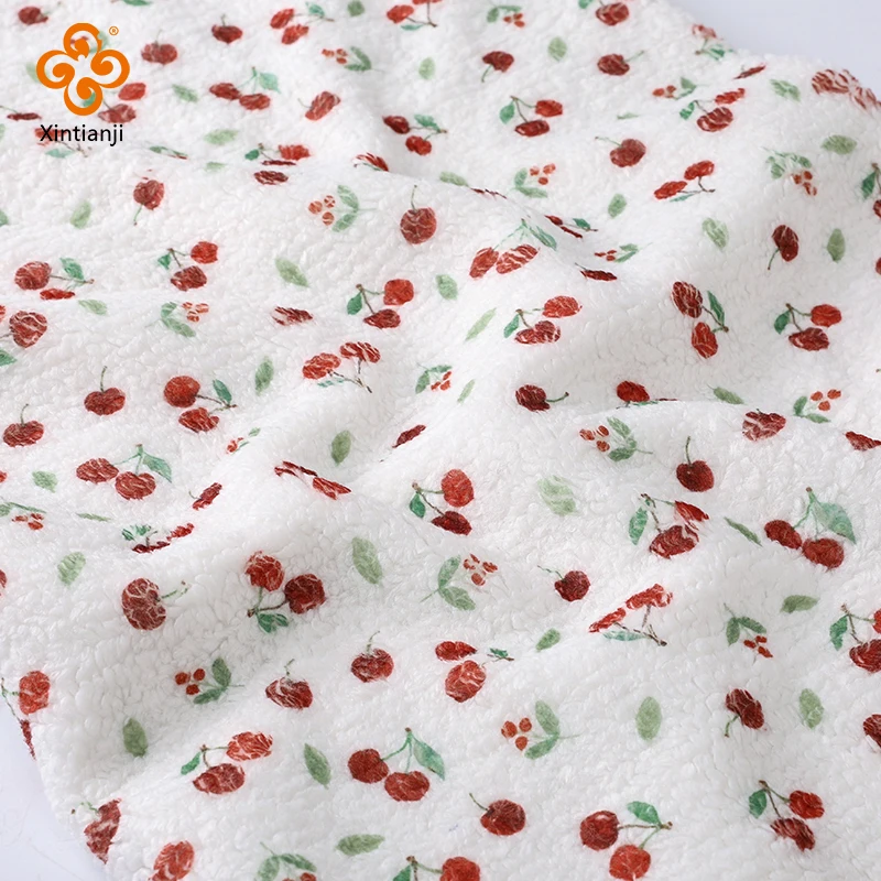 

0.5/1/2m Fresh Cherry Print Lamb Fleece Fabric Short Pile for Winter Hoodie Jacket Pajamas Pillow Couch Set Handmade DIY Fabric