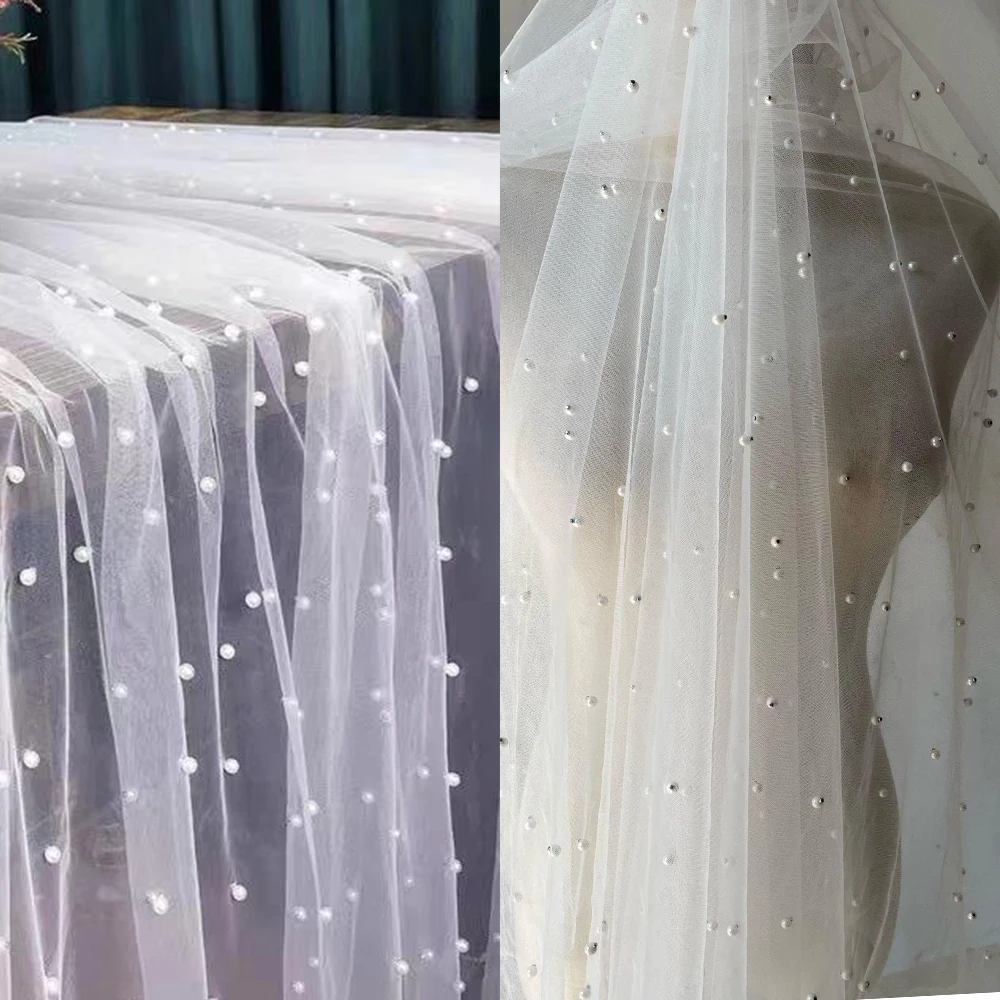 300CM Wide Wide Off White Big & Small Pearls Net Tulle Mesh Lace Luxury Bride's Face Veil Lace Fabric Material Sewing DECOR