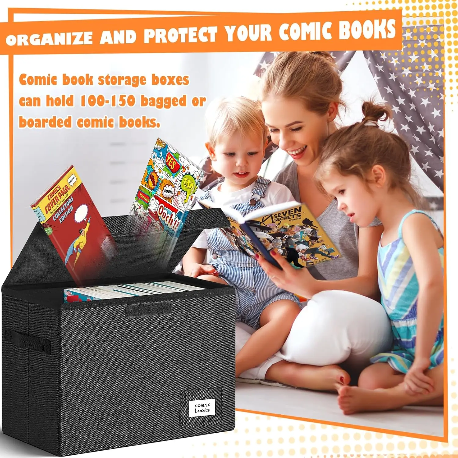 صندوق تخزين الكتب الهزلية القابلة للطي، حامل مقاوم للرطوبة قابل للتكديس مع غطاء، يحمل 150 كوميكس، 15.5 × 7.5 × 11.3 بوصة