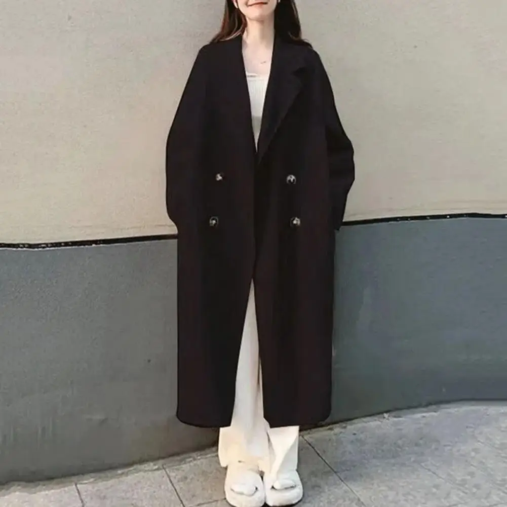 Women Loose Jacket Thickened Windproof Women's Mid Length Trench Coat with Double-breasted Design Warm Soft Fabric for Fall