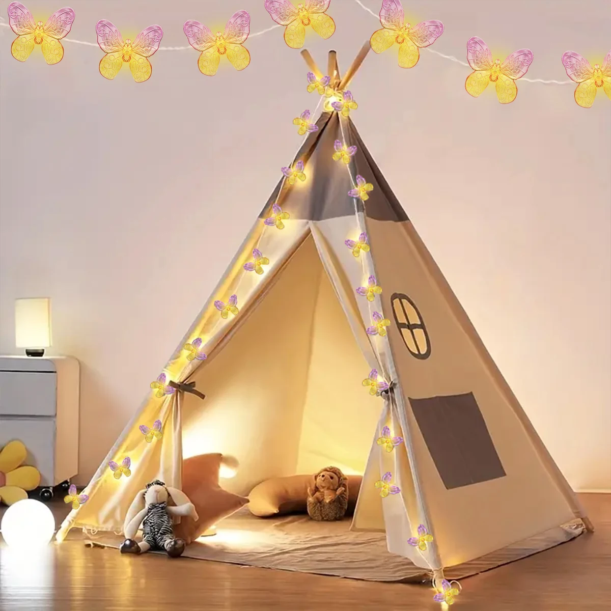 1pc 10/20 LED Pink And Yellow Butterfly Fairy String Light Hanging Decorative Lamp For Home Garden Living Room Festival Decor
