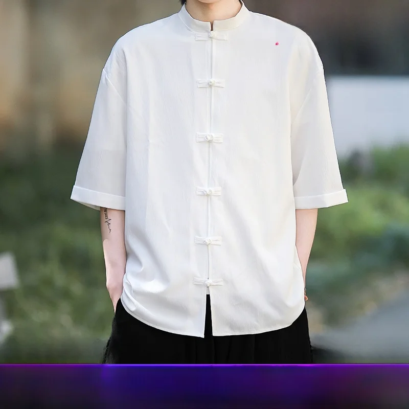 

Мужская рубашка свободного кроя из хлопка и льна с коротким рукавом, воротником-стойкой, летняя, в новом китайском стиле, в стиле тан, молодежная модная блузка из льна