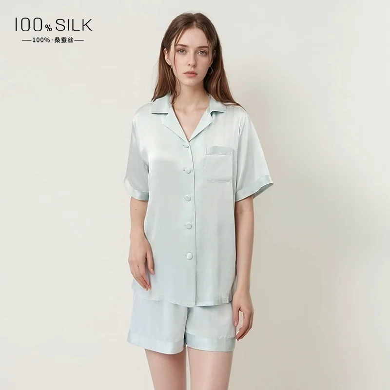 2025 Summer New Cross-border Silk Pajamas for Women - 100% Mulberry Silk Short-sleeve and Short-pants Loungewear Set that can be