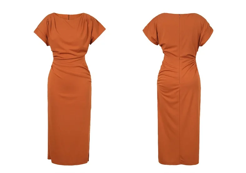 라운드넥 배트 슬리브, 슬림핏 중간 길이 원피스, 왕실 자매 스타일, 기질 있는 신상 스타일, 여름