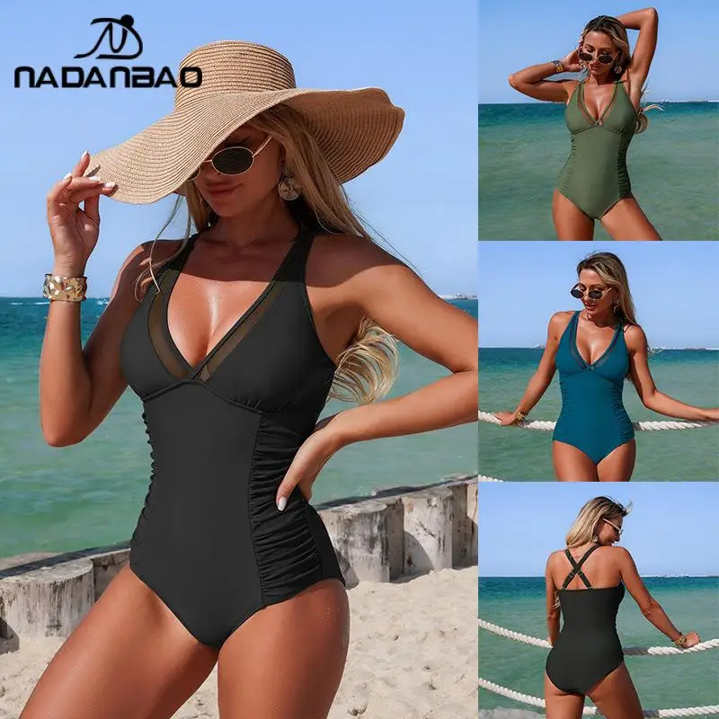 Nadanbao Women's Mesh Stitching One-Piece Swimsuit Sexy Cross Back Beachwear Quick Drying Elastic Bathing Suit Sports Bodysuit