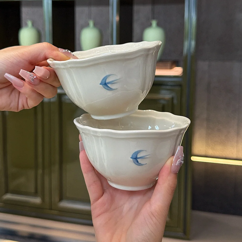 Retro Hand-Painted Ceramic Rice Bowl with Relief Design Swallow Porcelain Dessert Bowl Dining Utensils Self Kept by Shop Owner