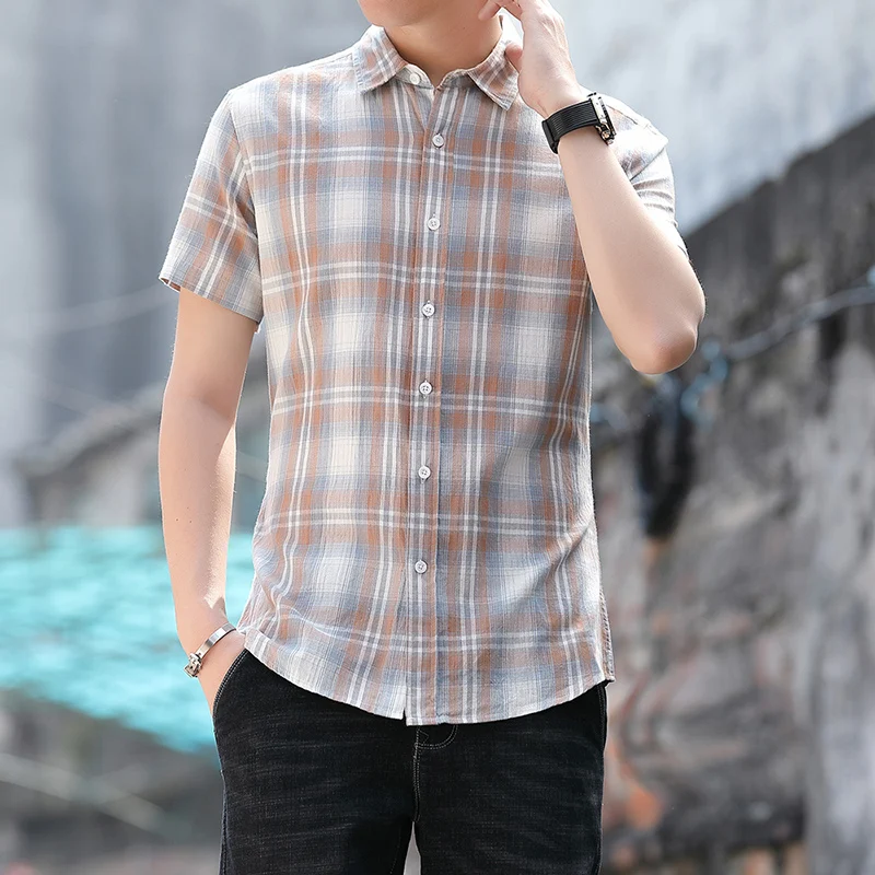 

Summer Men's Checkered Turn-down Collar Button Striped Short Sleeve Cardigan Shirt Preppy Style Casual Office Lady Formal Tops