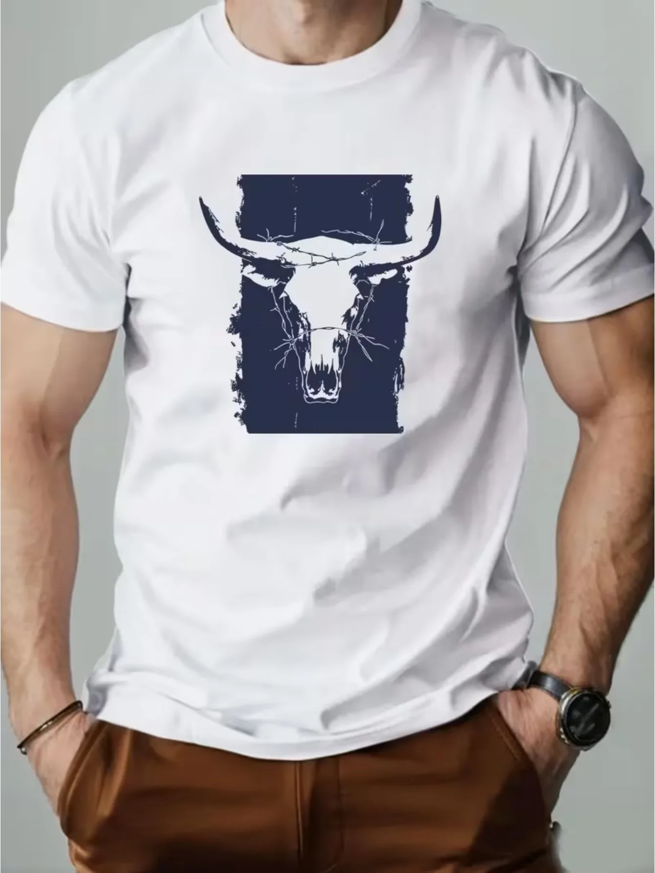 Camiseta de Hombre con Estampado de Cabeza de Toro, Roja y Azul Marino, Informal, de Verano, de Manga Corta, Cuello Redondo, Diseño con Estampado de Cuernos Blancos, Ligera