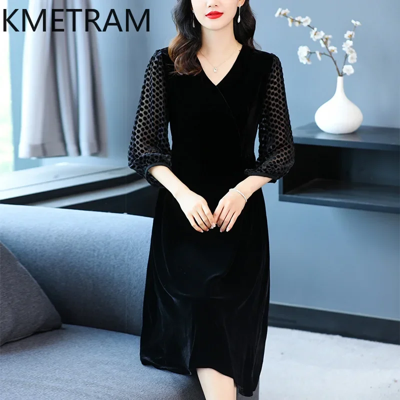 KMETRAM 100% Real Mulberry Silk Dress Luxury Party Long Sleeve Dresses Golden Velvet Women Clothing 2024 Summer Dress Vestido