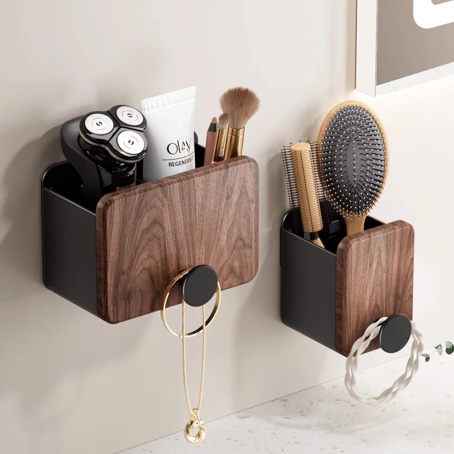 Walnut bathroom organizer shelf for combs,perfect for toiletries like toothpaste, razors, and makeup brushes.