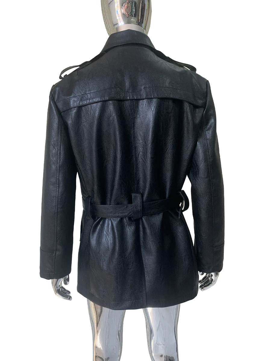 

Spring Autumn Black Hard Pu Leather Trench Coat for Women Double Breasted Elegant Luxury Designer Clothes British Style Fashion