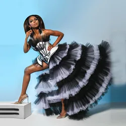 Elegant Black And White Tulle Skirts Hi Low Ruffles Pleated Layered Women Fashion Birthday Party Skirt For Photo Shoot 2025