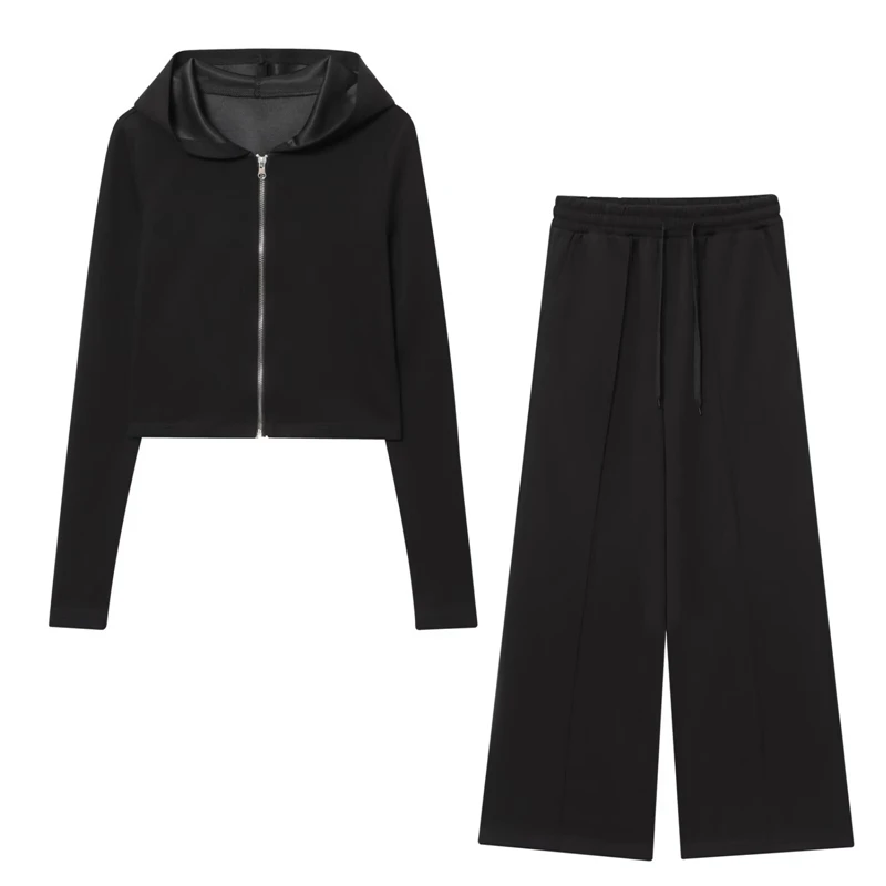 KEYANKETIAN 2026 New Women's Cropped Zip Up Knitted Hoodie Tracksuit Set High Waist Wide Leg Sweatpants 2 Piece Loungewear