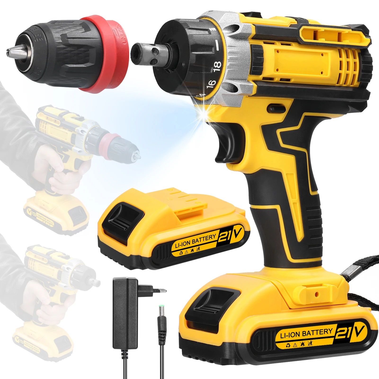 21V 2 in 1 Lithium Battery Drill Multifunction Electric Screwdriver 18 Gears of Torque Adjustable Cordless Household Power Tool