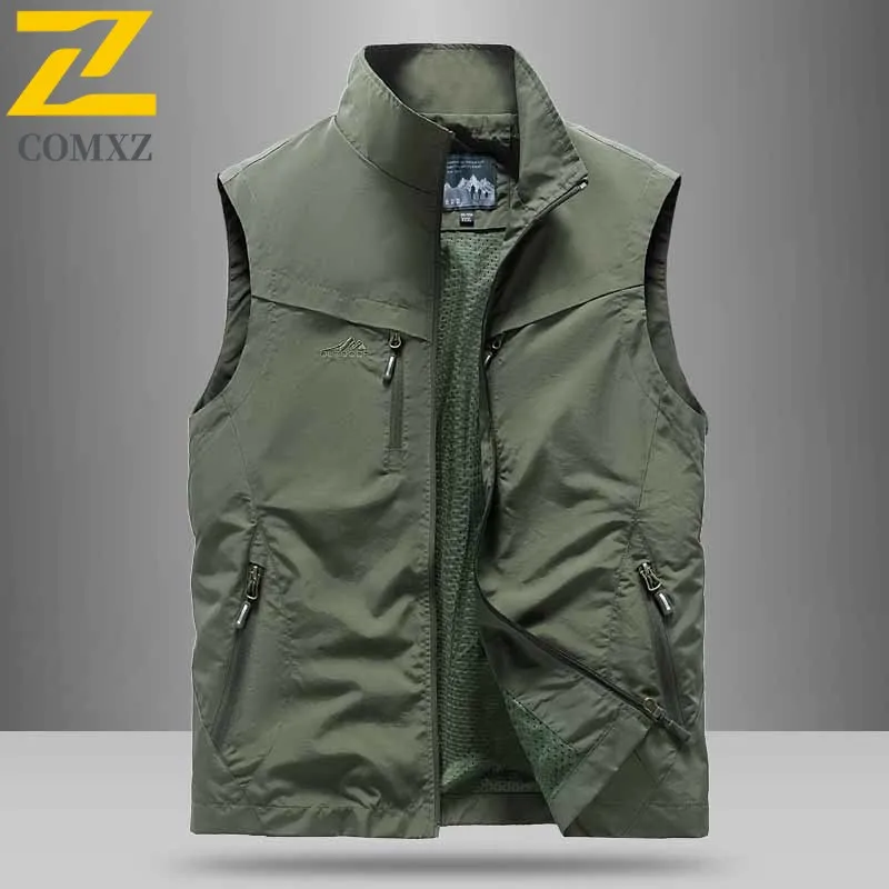 Autumn Sleeveless Work Vest Men's Fashion Embroidery Zipper Multi Pocket Jacket Hiking Camping Fishing Mesh Breathable Waistcoat
