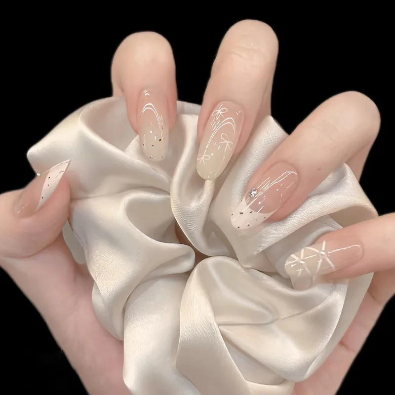 24pcs French Polka Dot Tips Press on Nails Bow Pearl Detachable Almond False Nail Nude Light Luxury Diamond Oval Fake Nail Sets
