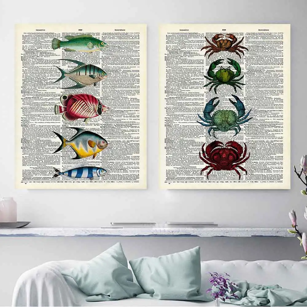 

Marine Life Specimen Poster And Print Abstract Retro Dictionary Wall Art Fish Crab Sea Animals Canvas Painting Living Room Decor