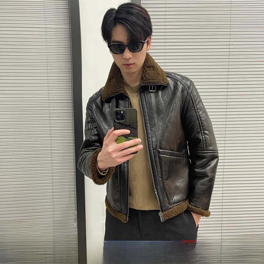 

Мужская утепленная куртка-пилот из овчины с масляной пропиткой и мехом ягненка, осенне-зимняя, модная, для городской молодежи