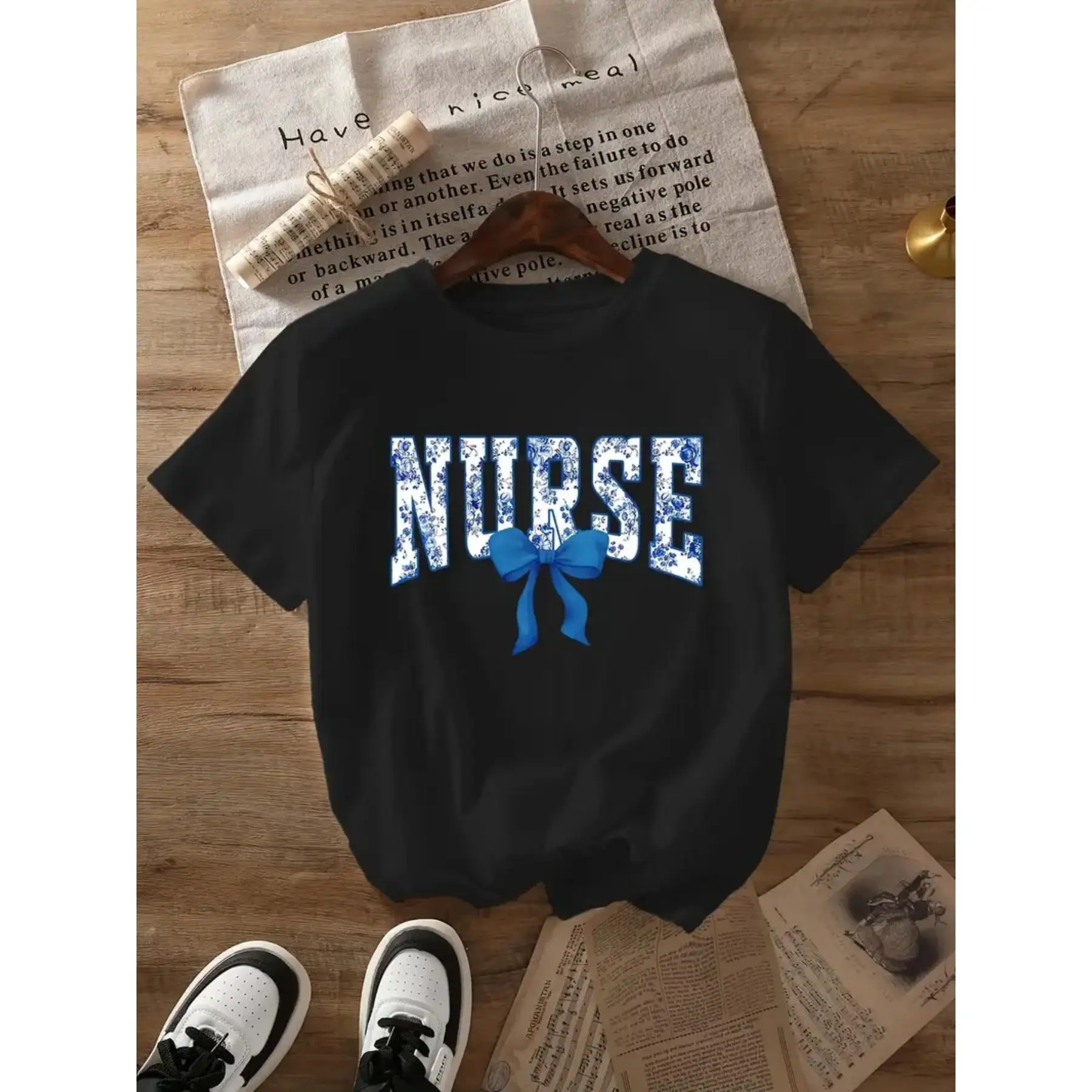 

Nurse T-shirt Women's Floral Print Tee Blue Ribbon Tops Nurse Life Gifts Nursing Student Apparel