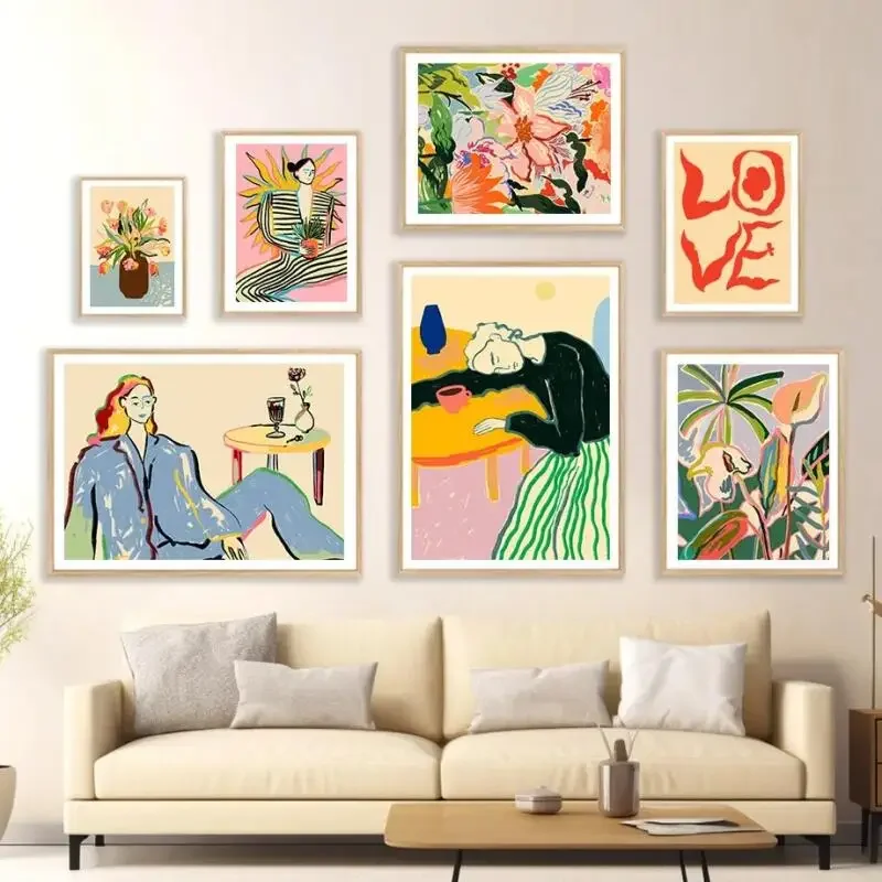 1pc frameless  Vintage Abstract Line Art Canvas Prints, Modern Gallery Wall Art Featuring Woman and Flower,Nordic Posters for Li