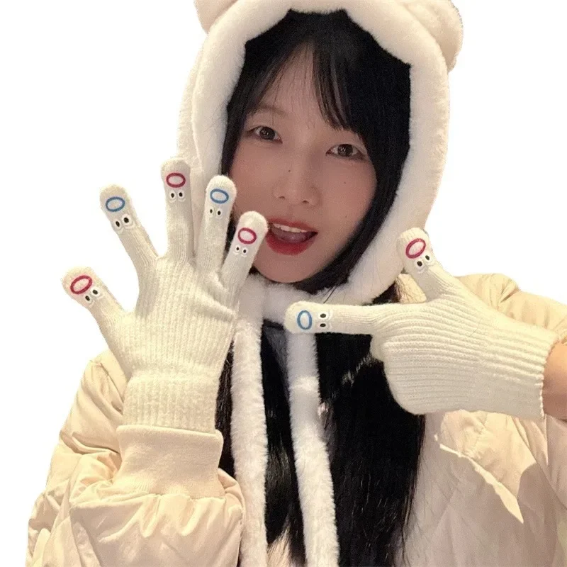 Guanti con facce carine Cinque dita per ragazze Guanti invernali caldi lavorati a maglia addensati in stile coreano adorabili Guanti touchscreen per esterni